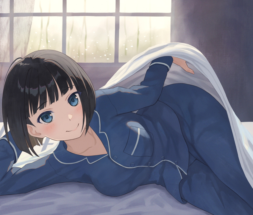 1girl bed bent_over black_hair blanket blue_eyes blue_pajamas blue_pants blue_shirt blunt_bangs blunt_ends blush bob_cut botan_m breasts closed_mouth collarbone commentary commission condensation curled_up head_rest holding holding_blanket indoors large_breasts long_sleeves looking_at_viewer lying on_bed on_side original paid_reward_available pajamas pants shirt short_hair smile solo tree under_covers water_drop window