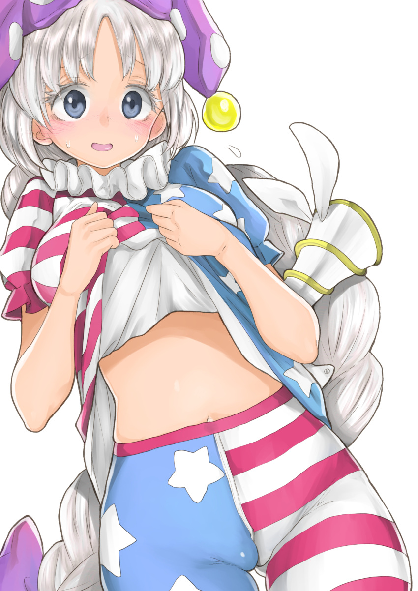 1girl american_flag_dress american_flag_legwear ass_visible_through_thighs blush braid breasts cameltoe chikado clothes_lift clownpiece clownpiece_(cosplay) colored_eyelashes cosplay cowboy_shot dress dress_lift grey_eyes hat highres jester_cap large_breasts lifted_by_self long_hair looking_at_viewer lunatic_gun navel neck_ruff pantyhose polka_dot purple_headwear simple_background single_braid solo star_(symbol) star_print stomach striped sweat touhou very_long_hair white_background white_hair yagokoro_eirin