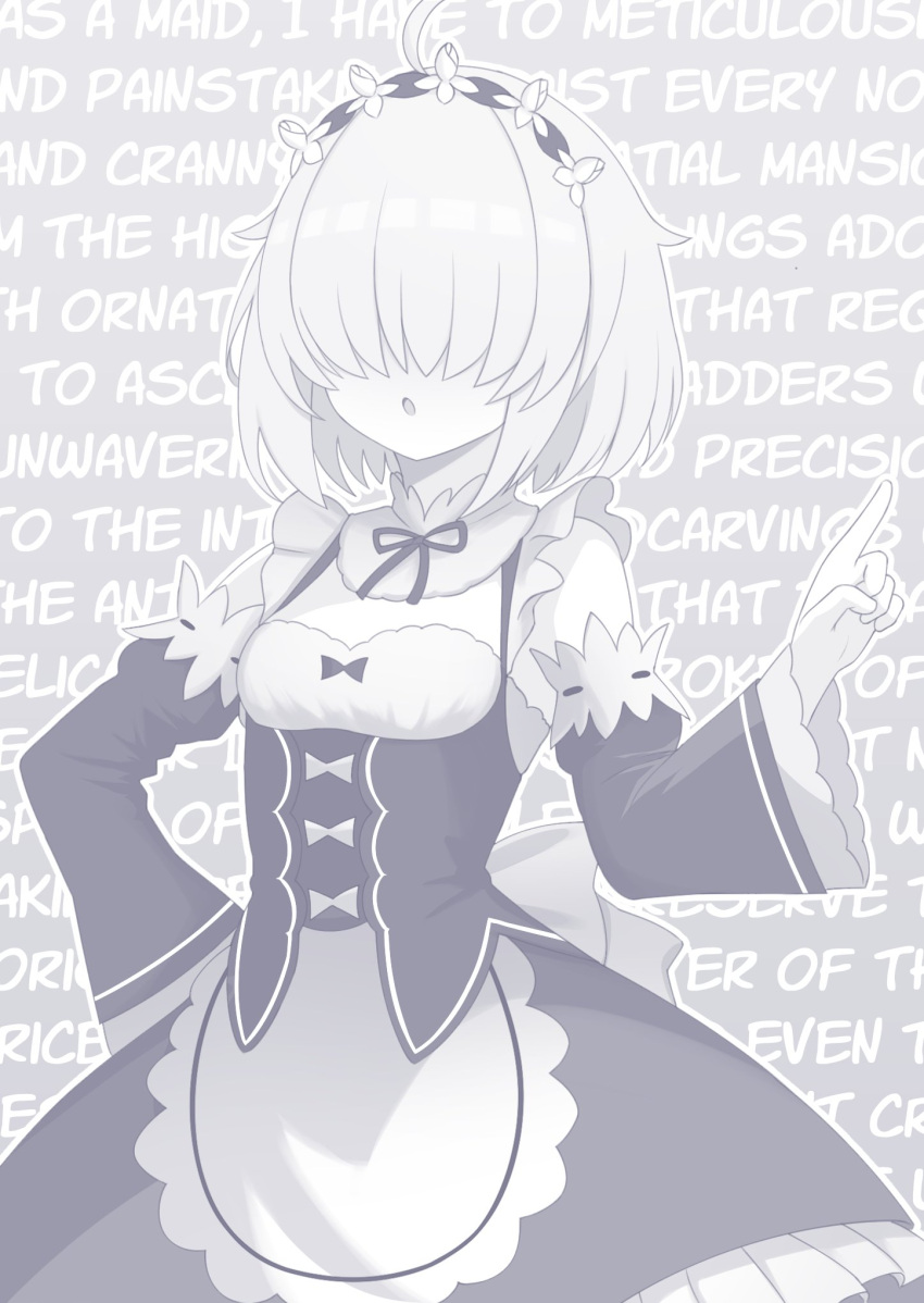 1girl apron arc_9_(mikoscrub) breasts commentary cosplay detached_sleeves dress english_commentary english_text greyscale hair_over_eyes hairband hand_on_own_hip highres index_finger_raised long_bangs mikoscrub monochrome original ram_(re:zero) ram_(re:zero)_(cosplay) re:zero_kara_hajimeru_isekai_seikatsu ribbon-trimmed_sleeves ribbon_trim small_breasts solo waist_apron