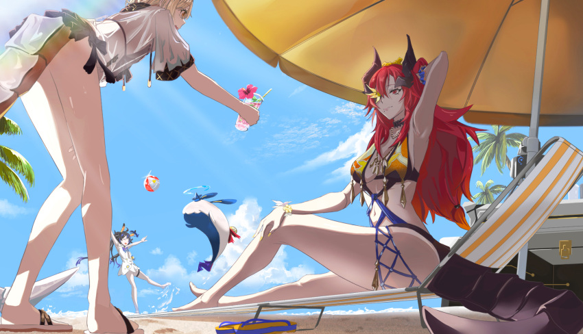 3girls alchemy_stars ball barefoot beach beach_umbrella beachball black_hair blonde_hair choker closed_mouth cloud creature cup day deck_chair dragon_tail dress eyepatch fia_(alchemy_stars) flip-flops flower_bracelet highres holding holding_cup horns jacket jewelry kyllo_(alchemy_stars) leaning_forward legs leona_(alchemy_stars) leona_(haughty_scrutiny)_(alchemy_stars) long_hair mole mole_under_eye multiple_girls nap_creator navel necklace outdoors palm_tree red_hair sand sandals sandals_removed see-through see-through_jacket short_hair short_sleeves splashing standing swimsuit tail thigh_strap toes tree umbrella vice_(alchemy_stars) vice_(ray_of_sunshine)_(alchemy_stars) white_dress