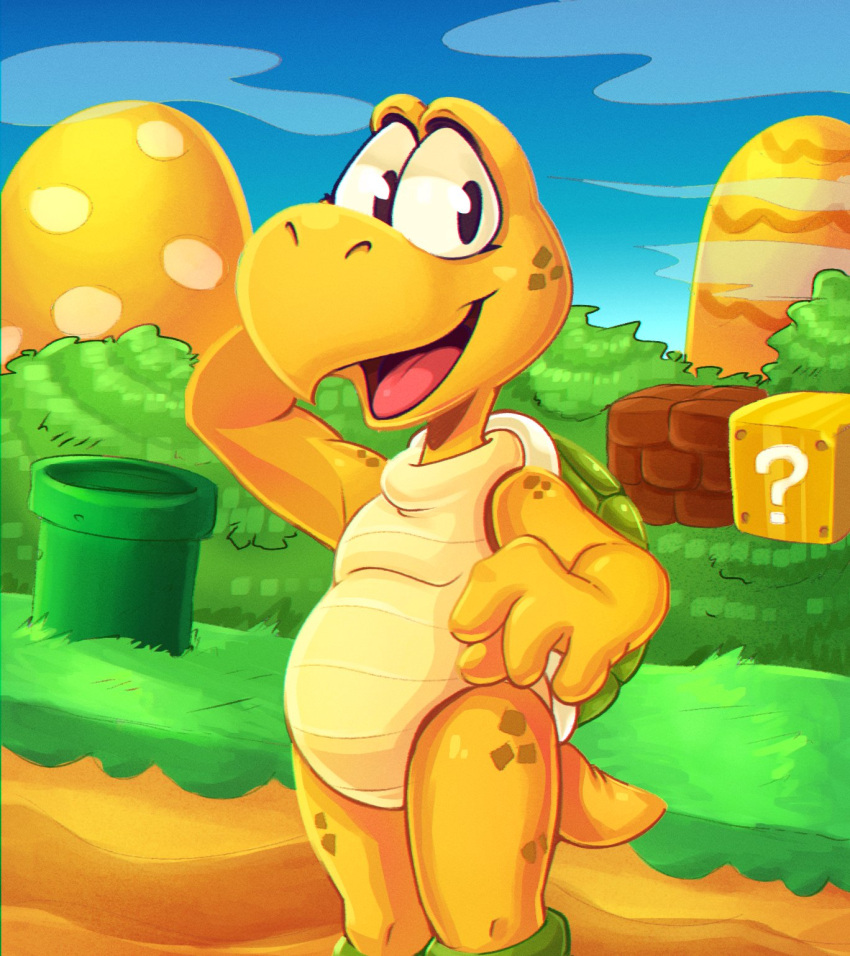 2022 4_fingers ambiguous_gender anthro beak belly black_eyes clothing detailed_background fingers footwear freckles glistening glistening_eyes grass green_clothing green_footwear green_shell green_shoes hand_behind_head hi_res koopa koopa_troopa light_body light_scales mario_bros nintendo open_beak open_mouth plant question_block scales scalie shell shell-less shoes shrub sky solo standing stellarslice tail tongue yellow_body yellow_scales