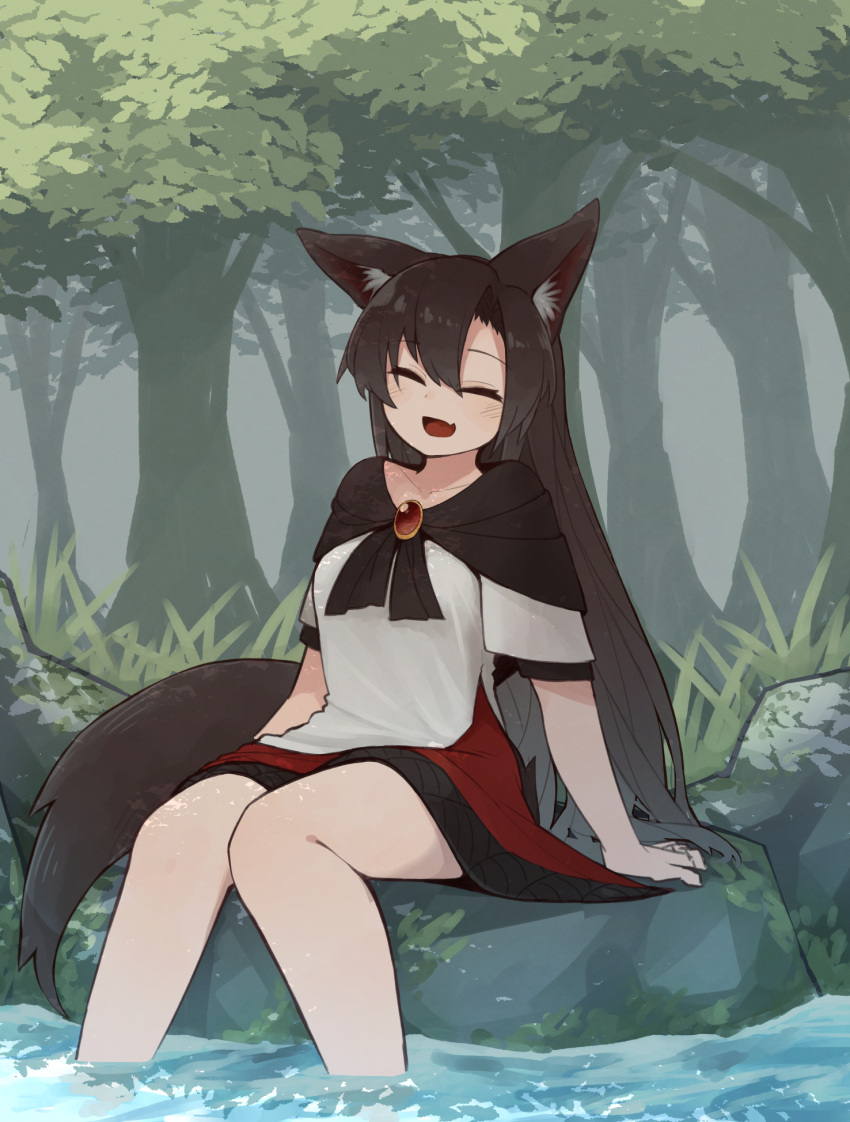 1girl :d animal_ears black_dress black_hair brooch closed_mouth dress fang forest full_body highres imaizumi_kagerou jewelry kaginoni long_hair multicolored_clothes multicolored_dress nature open_mouth outdoors red_dress short_sleeves sitting skin_fang smile soaking_feet solo tail touhou white_dress wolf_ears wolf_tail