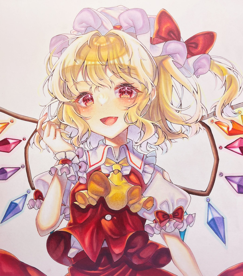 1girl :d ascot blonde_hair blush bow collared_shirt colored_pencil_(medium) crystal fang fingernails flandre_scarlet frilled_shirt_collar frills hand_up hat hat_bow highres looking_at_viewer medium_hair mob_cap open_mouth puffy_short_sleeves puffy_sleeves red_bow red_eyes red_skirt red_vest rukuthii45 shirt short_sleeves simple_background skirt skirt_set smile solo touhou traditional_media upper_body vest white_background white_headwear white_shirt wings wrist_cuffs yellow_ascot