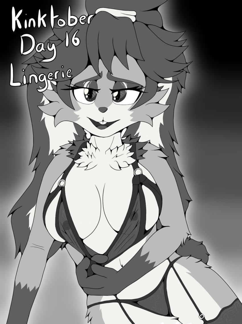 anthro black_and_white clothing female foxkai hi_res inktober inktober_2023 kinktober lagomorph leporid lingerie lop_(star_wars_visions) mammal monochrome nipples pulling_clothing rabbit solo star_wars star_wars_visions translucent translucent_clothing