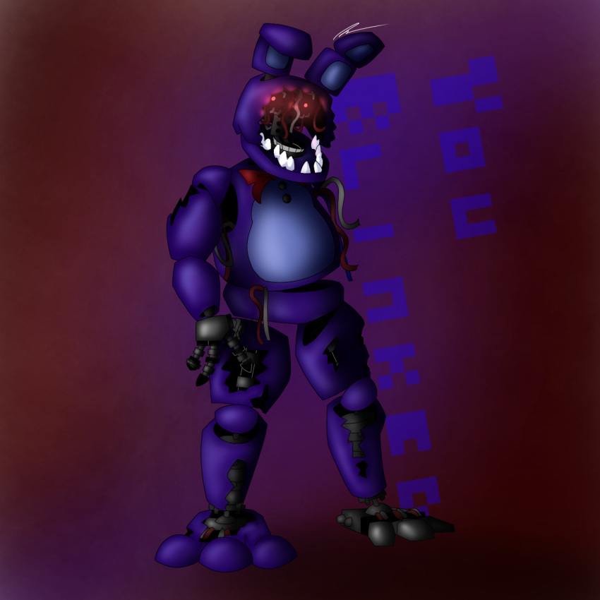 animatronic big_ears bow_tie five_nights_at_freddy's five_nights_at_freddy's_2 hi_res holes_in_body humanoid lagomorph leporid machine male mammal metal metallic_body passiona_roo rabbit red_eyes robot scottgames solo teeth teeth_showing wire withered_bonnie_(fnaf)
