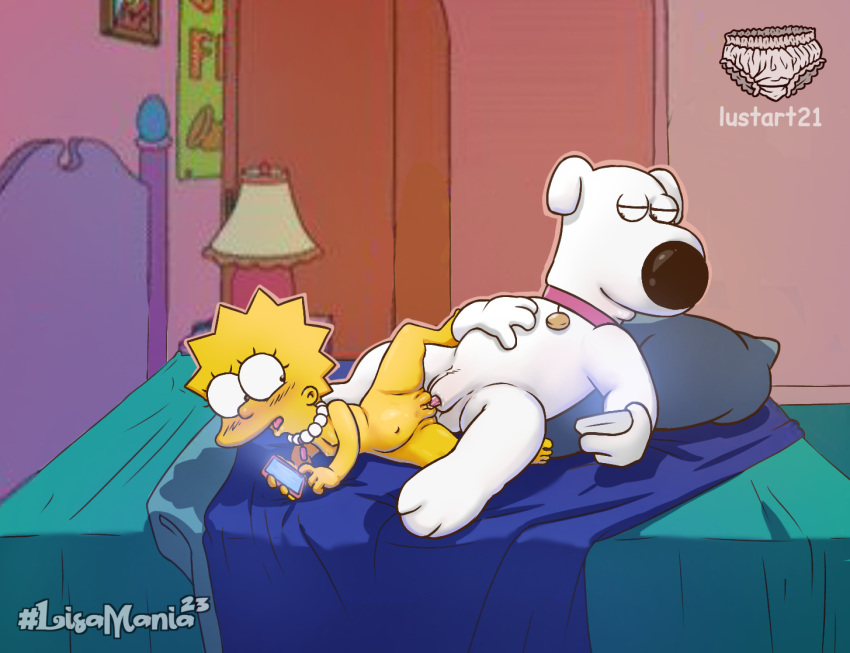 bed blush brian_griffin canid canine canis cellphone collar crossover domestic_dog duo family_guy female fur furniture happy human lisa_simpson lustart21 male male/female mammal nude on_bed open_mouth phone red_collar the_simpsons white_body white_fur yellow_body yellow_skin young