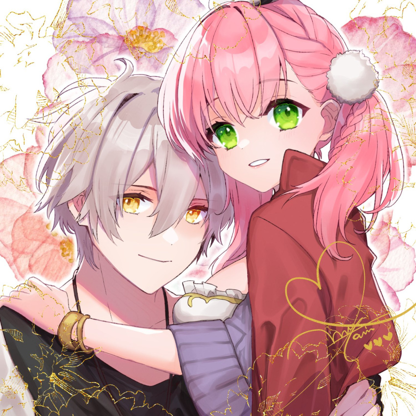 1boy 1girl atelier_(series) atelier_escha_&amp;_logy bracelet capelet closed_mouth commentary_request escha_malier floral_background green_eyes grey_hair hair_between_eyes hand_on_another's_shoulder highres jewelry logix_ficsario long_hair looking_at_viewer pink_hair red_capelet sakae_(1210hati) short_hair smile upper_body yellow_eyes