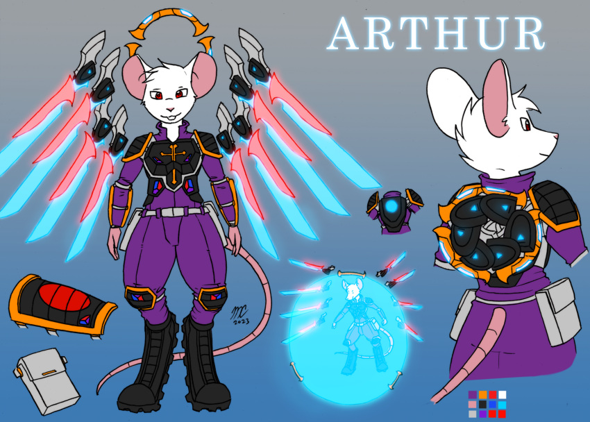 anthro armor arthur_(mordak) backpack belt boots bottomwear clothing color_swatch fan_character footwear fur hi_res in_our_shadow kitfox-crimson male mammal model_sheet murid murine pants rat red_eyes rodent shirt shoulder_pads simple_background solo topwear white_body white_fur