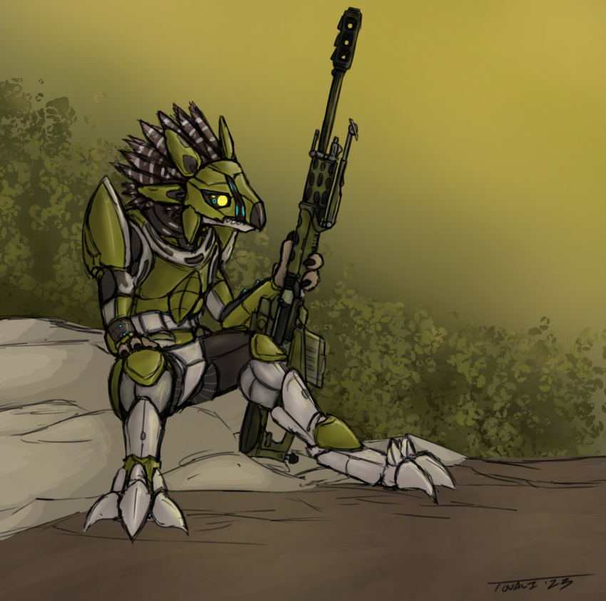 2023 3_fingers 3_toes alien ambiguous_gender armor avian beak brown_body brown_feather_hair brown_feathers camera_eyes claws cor_zan cuirass cuisse digitigrade fangs feather_hair feathered_crest feathers feet female_(lore) finger_claws fingers full_armor furgonomics greaves green_armor gun halo_(series) head_crest headgear helmet hi_res holding_gun holding_object holding_ranged_weapon holding_rifle holding_weapon kig-yar magazine_(gun) microsoft muzzle_brake outside plant poleyn pseudo_hair ranged_weapon rerebrace rifle scalie sitting sniper_rifle solo spaulder t'vaoan teeth todd_husky toes vambrace weapon xbox_game_studios yellow_eyes