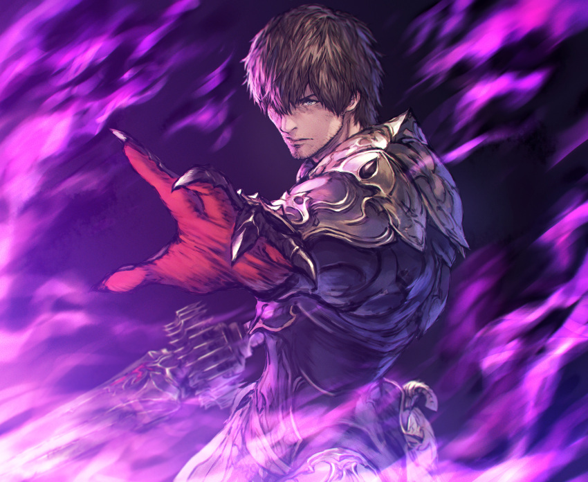 1boy adventurer_(ff14) armor blue_eyes breastplate brown_hair claw_ring dark_knight_(final_fantasy) energy facial_hair final_fantasy final_fantasy_xiv fire foreshortening gloves greatsword hair_over_one_eye highres holding holding_sword holding_weapon hyur looking_ahead makimura_shunsuke male_focus one_eye_covered outstretched_arm pauldrons purple_background purple_fire reaching reaching_towards_viewer red_gloves serious short_hair shoulder_armor solo standing stubble sword upper_body v-shaped_eyebrows warrior_of_light_(ff14) weapon