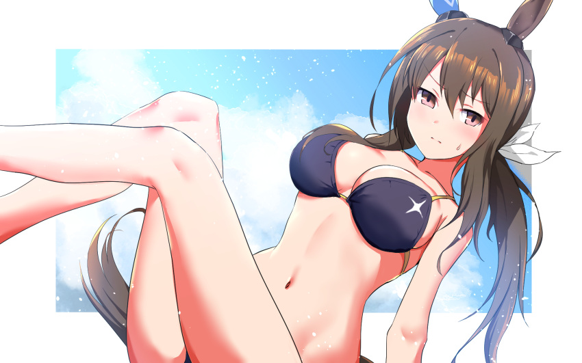 1girl admire_vega_(umamusume) alternate_costume animal_ears bikini black_bikini blue_sky blush border bow breasts brown_hair cleavage closed_mouth cloud cloudy_sky commentary ear_covers hair_between_eyes highres horse_ears horse_girl horse_tail large_breasts long_hair looking_at_viewer navel ponytail purple_eyes single_ear_cover sky solo sousakubito swimsuit tail tracen_swimsuit umamusume white_border white_bow