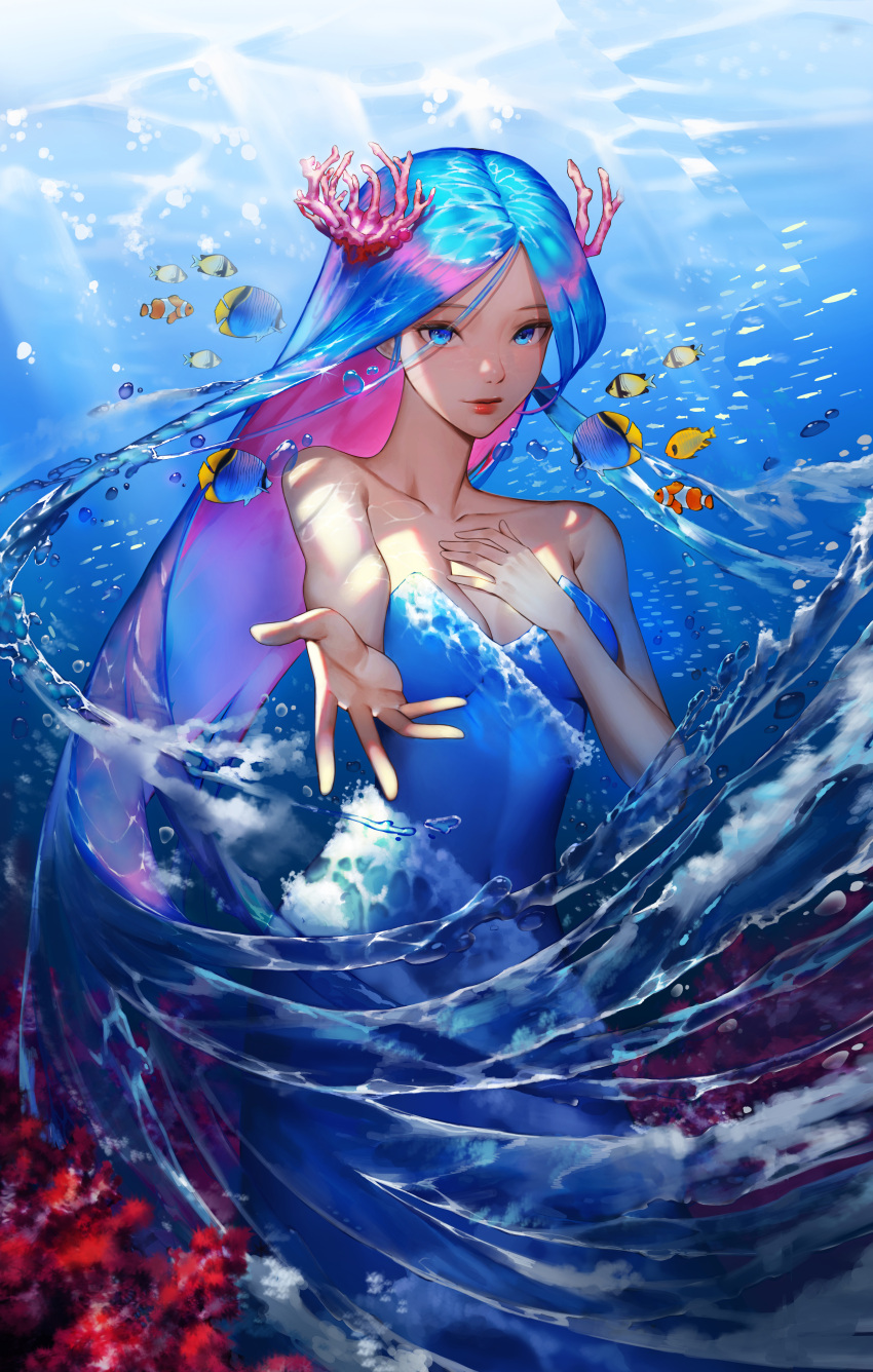 1girl absurdres air_bubble bangs beckoning blue_dress blue_eyes blue_hair breasts bubble butterflyfish caustics cleavage closed_mouth clownfish colored_inner_hair commentary cookie_run coral_hair_ornament dress english_commentary feet_out_of_frame fish hand_on_own_chest highres humanization light_smile lips liquid_clothes liquid_hair long_hair looking_at_viewer multicolored_hair mumu914 outstretched_hand parted_bangs pink_hair regal_blue_tang sea_fairy_cookie seaweed solo strapless strapless_dress tropical_fish underwater water_dress