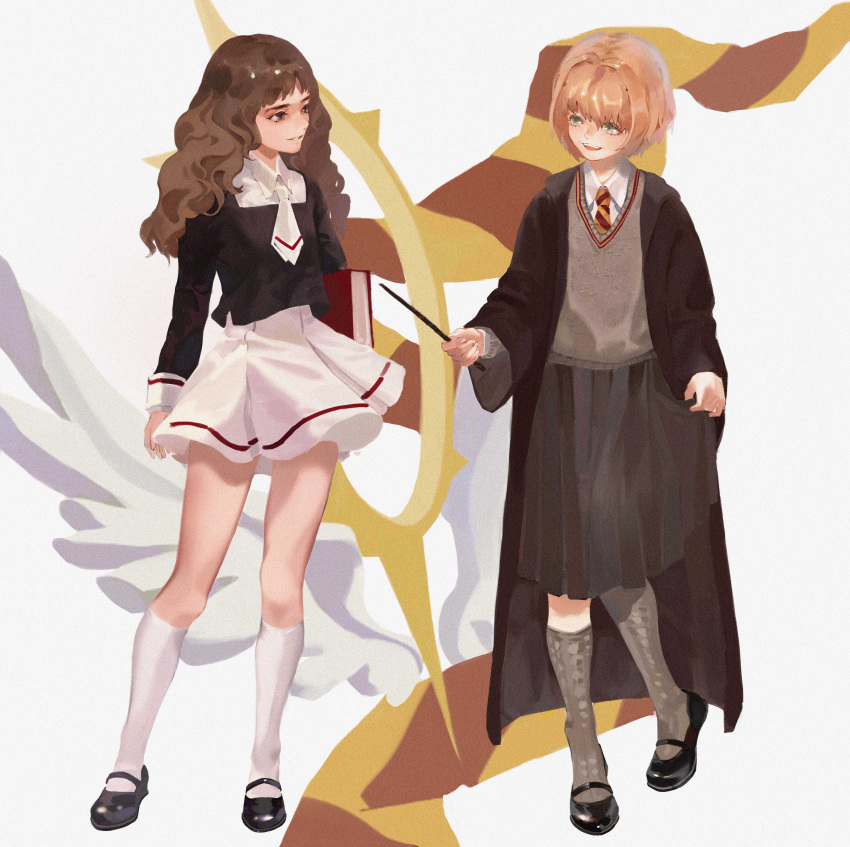 2girls absurdres arms_at_sides black_coat book brown_hair cardcaptor_sakura carrying carrying_under_arm coat collared_shirt cosplay costume_switch crossover eye_contact full_body grey_skirt grey_socks grey_sweater gryffindor hand_up harry_potter_(series) hermione_granger highres hogwarts_school_uniform holding holding_wand hoop kinomoto_sakura kneehighs long_hair looking_at_another looking_to_the_side mary_janes miniskirt mr._owlish multiple_girls necktie pleated_skirt scarf scarf_removed school_uniform shirt shoes short_hair short_necktie skirt skirt_hold smile socks standing striped striped_necktie striped_scarf sweater tomoeda_middle_school_uniform wand wavy_hair white_background white_necktie white_skirt white_socks wings wizarding_world