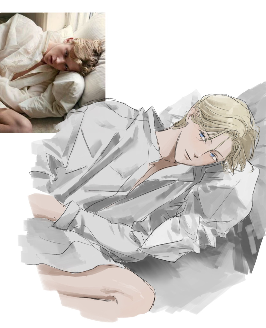 1boy bangs bishounen blonde_hair blue_eyes chokeke_005 collared_shirt hair_between_eyes highres johan_liebert light_blush long_sleeves looking_at_viewer lying male_focus monster_(manga) no_pants on_side parted_bangs photo-referenced photo_inset pillow shirt short_hair solo white_shirt