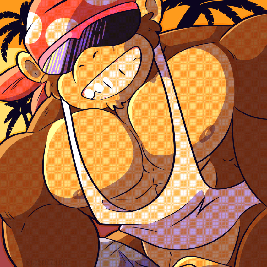 abs anthro ape bandanna clothing digital_media_(artwork) donkey_kong_(series) eyewear fizzyjay funky_kong fur gorilla haplorhine hi_res kerchief looking_at_viewer male mammal muscular muscular_anthro muscular_male nintendo nipples pecs primate shirt smile solo sunglasses tank_top topwear