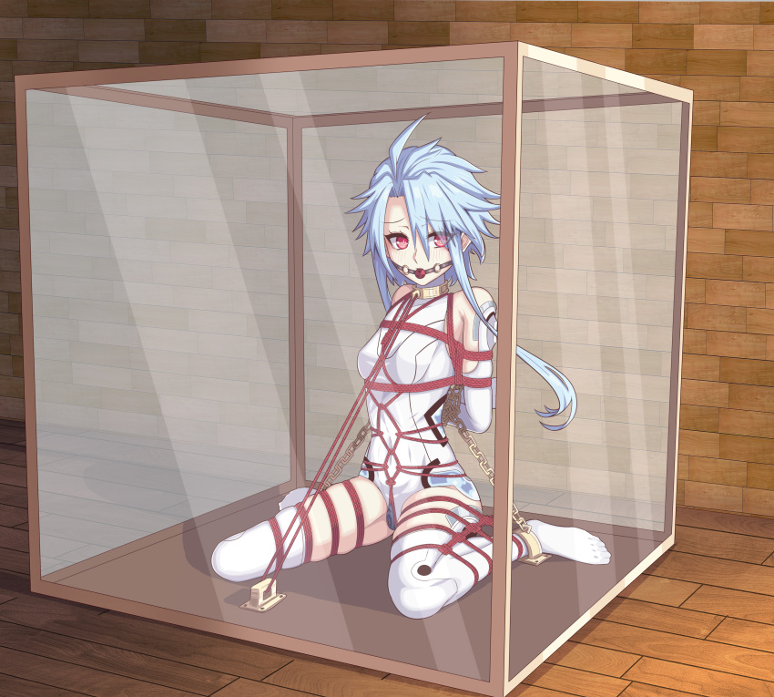 1girl absurdres ahoge arms_behind_back ball_gag bdsm blue_hair blush bondage bone_ko bound bound_arms bound_legs box breasts chain chained collar commission elbow_gloves full_body gag gloves highres in_box in_container leotard medium_hair neptune_(series) no_shoes red_eyes restrained rope second-party_source sex_toy shibari shibari_over_clothes short_hair_with_long_locks sitting skindentation small_breasts solo thighhighs wariza white_gloves white_heart white_leotard white_thighhighs