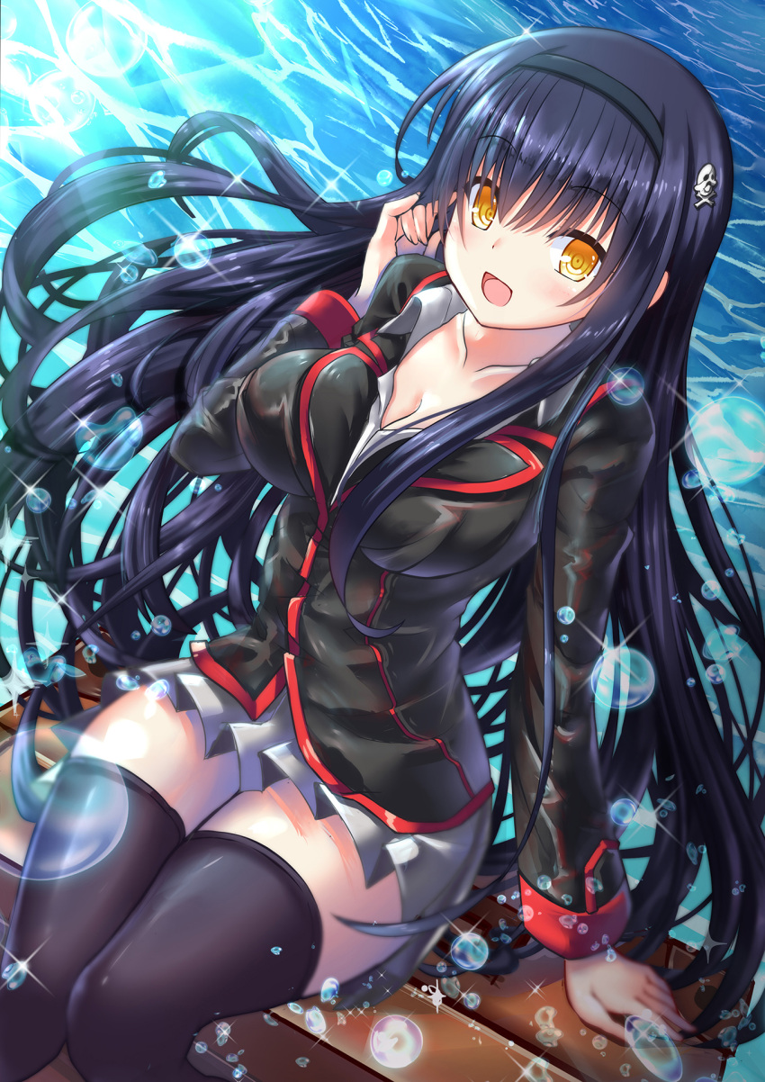 1girl :d arm_support black_hairband black_jacket black_thighhighs blush bone_hair_ornament breasts cleavage collarbone commentary_request company_connection cosplay curvy day eyelashes eyes_visible_through_hair floating_hair grey_skirt hair_between_eyes hair_ornament hairband hand_up highres jacket key_(company) kurugaya_yuiko kurugaya_yuiko_(cosplay) kushima_kamome large_breasts little_busters! long_hair long_sleeves looking_at_viewer miniskirt ocean oku_no_ma open_mouth outdoors pleated_skirt sidelocks skirt skull_and_crossbones skull_hair_ornament smile solo sparkle suitcase summer_pockets thighhighs thighs very_long_hair water_drop yellow_eyes zettai_ryouiki