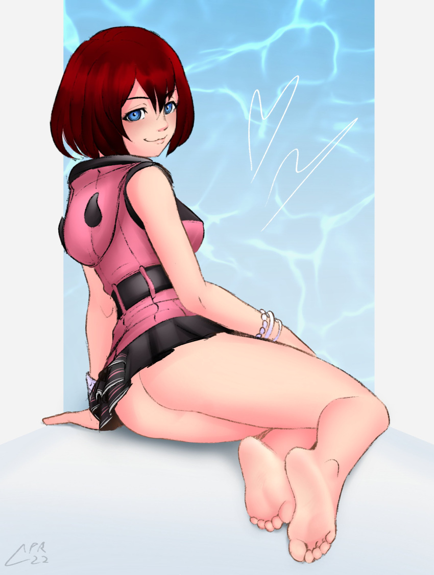 1girl absurdres ass bare_legs barefoot blue_eyes bracelet breasts cabronpr closed_mouth dated eyelashes feet from_behind full_body grey_background highres hood hood_down hooded_jacket jacket jewelry kairi_(kingdom_hearts) kingdom_hearts kingdom_hearts_iii legs medium_breasts medium_hair miniskirt on_ground pink_jacket red_hair signature sitting skirt soles solo thighs toes