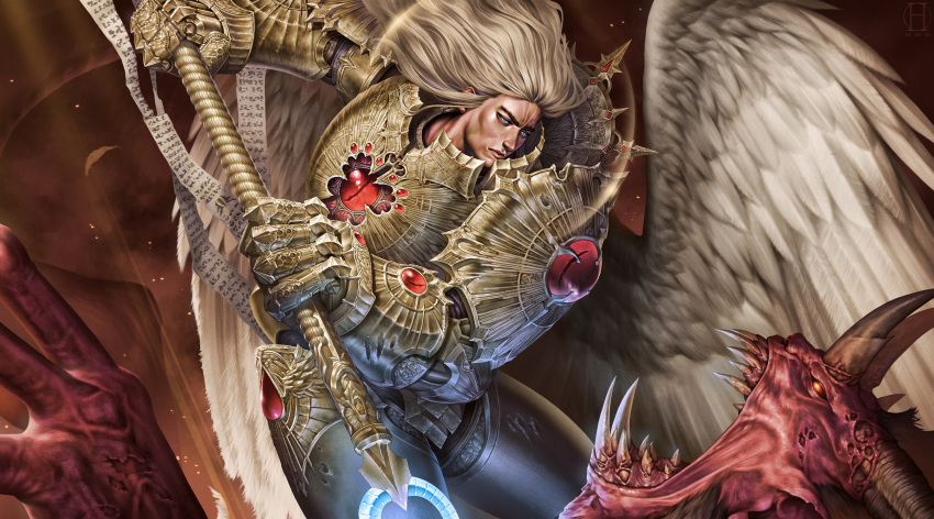 2boys absurdres angel_wings armor blonde_hair blue_eyes breastplate chaos_(warhammer) colored_skin commentary demon english_commentary eyes_of_horus_(warhammer_40k) feathered_wings feathers gauntlets glowing glowing_eyes gold_armor gorget greaves halo highres hinchel_or holding holding_weapon horns long_hair lost_primarchs multiple_boys multiple_horns ornate_armor pauldrons polearm power_armor primarch purity_seal red_eyes red_skin sanguinius sharp_teeth shoulder_armor spear_of_telesto teeth torn_skin vambraces warhammer_40k weapon wings