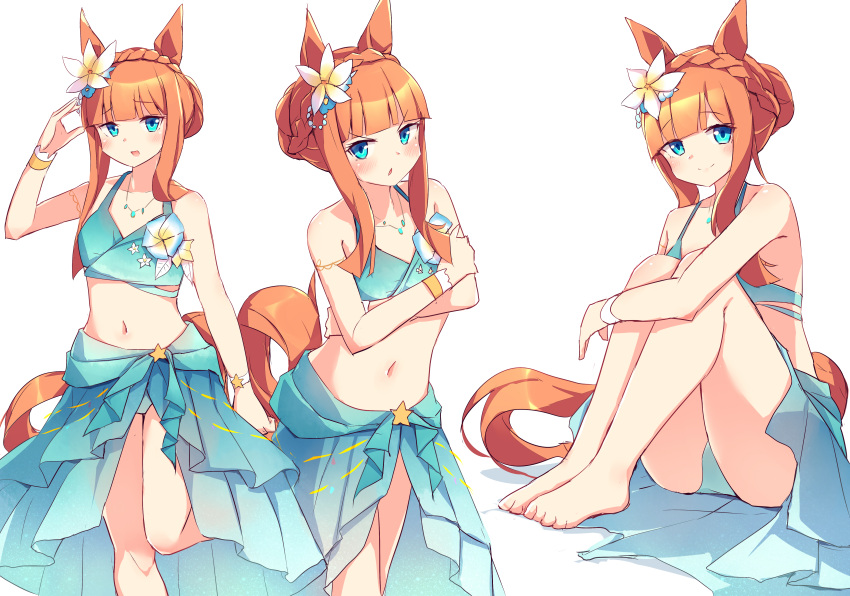 1girl absurdres animal_ears aqua_eyes bare_shoulders barefoot bikini blunt_bangs blunt_tresses braid braided_bun commentary_request crossed_arms crown_braid ear_flower feet_out_of_frame flower flower_on_chest green_bikini green_sarong hair_bun highres horse_ears horse_girl horse_tail jewelry kanzakietc long_hair looking_at_viewer midriff multiple_views navel necklace official_alternate_costume official_alternate_hairstyle orange_hair plumeria sarong sidelocks silence_suzuka_(emerald_on_the_waves)_(umamusume) silence_suzuka_(umamusume) smile star_ornament summer's_sunlight_fades_to_blue_(umamusume) swimsuit tail umamusume v-shaped_eyebrows white_flower wristband