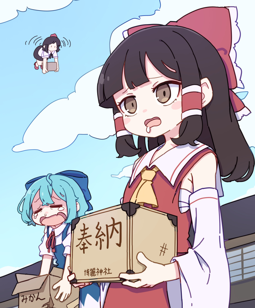 3girls absurdres bare_shoulders black_hair black_skirt blue_bow blue_dress blue_hair blush_stickers bow box brown_eyes cirno closed_eyes collared_shirt day detached_sleeves donation_box dress drooling hair_bow hair_tubes hakurei_reimu hat highres holding japanese_clothes kame_(kamepan44231) long_hair multiple_girls nontraditional_miko open_mouth outdoors red_bow red_headwear shameimaru_aya shirt short_hair short_sleeves sidelocks skirt tokin_hat touhou white_shirt white_sleeves wide_sleeves