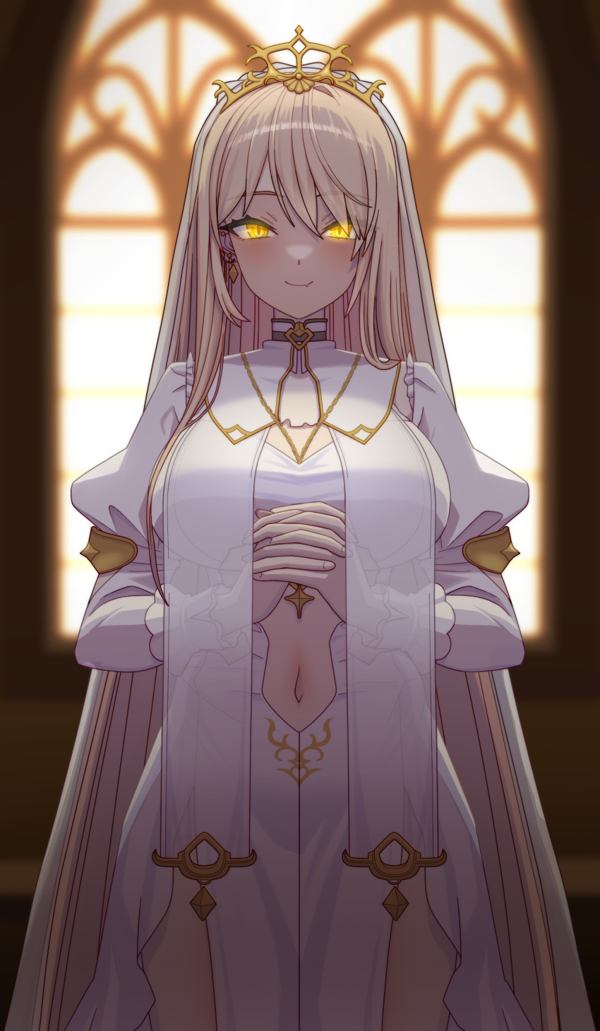 1girl absurdres blonde_hair breasts dress highres juliet_sleeves large_breasts long_hair long_sleeves navel nijisanji nui_sociere nui_sociere_(6th_costume) official_alternate_costume own_hands_together palenitre priestess puffy_sleeves smile solo tiara very_long_hair virtual_youtuber white_dress white_veil yellow_eyes