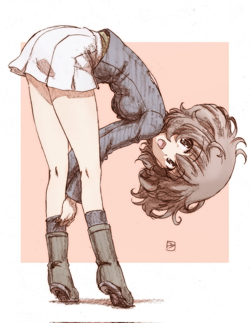 1girl adjusting_clothes adjusting_legwear akiyama_yukari bent_over boots brown_eyes brown_hair erakin full_body girls_und_panzer grey_jacket highres jacket looking_at_viewer messy_hair miniskirt ooarai_military_uniform open_mouth pleated_skirt short_hair sketch skirt smile solo two-tone_background white_skirt