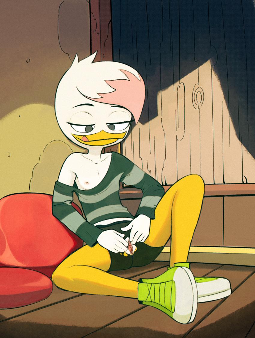 anatid anseriform anthro avian bird clothing disney drockdraw duck ducktales ducktales_(2017) female footwear genitals hi_res lena_(ducktales) masturbation messy_clothing pattern_clothing pussy shoes solo spread_pussy spreading striped_clothing stripes tongue tongue_out torn_clothing young