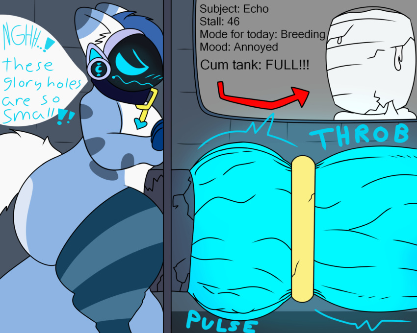 5:4 accessory angry animal_genitalia animal_penis anthro balls big_balls big_butt big_penis biped blue_body blue_fur blue_penis blush bodily_fluids butt canine_genitalia canine_penis clothing cock_ring collar collar_tag cum cum_tank dialogue english_text erection excessive_cum excessive_genital_fluids fur genital_fluids genitals glory_hole heart_collar_tag huge_balls huge_butt huge_penis huge_thighs hyper hyper_balls hyper_genitalia hyper_penis inside jewelry kio_(kionenarts) kionenarts knot legwear machine male mostly_nude multicolored_body multicolored_fur onomatopoeia penis penis_accessory penis_jewelry protogen protogen_visor short_stack side_view solo sound_effects speech_bubble standing stuck_penis tail text thick_thighs thigh_highs thigh_highs_only throbbing_penis through_wall two_tone_body two_tone_fur vein veiny_penis wide_hips