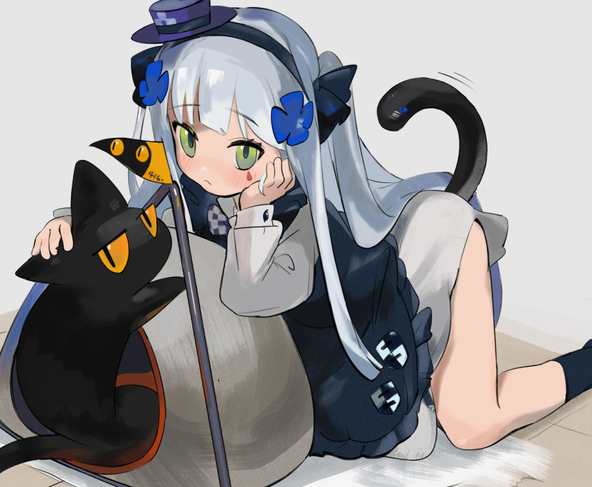 1girl 416_day animal apron black_apron black_cat black_hairband black_socks blush cat cat_tail chesed_(uporyz) closed_mouth commentary_request dress facial_mark frilled_apron frills girls'_frontline green_eyes grey_background hairband hat highres hk416_(girls'_frontline) long_hair long_sleeves mini_hat orange_eyes puffy_long_sleeves puffy_sleeves purple_headwear simple_background socks solo tail tilted_headwear very_long_hair white_dress
