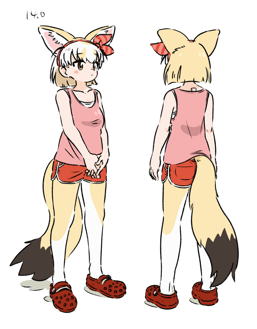 1girl absurdres animal_ear_fluff animal_ears appleq bare_arms bare_shoulders breasts brown_eyes camisole closed_mouth commentary_request crocs dolphin_shorts fennec_(kemono_friends) fox_ears fox_girl fox_tail hairband highres kemono_friends light_brown_hair multicolored_hair multiple_views own_hands_together pink_camisole red_footwear red_hairband red_shorts short_shorts shorts simple_background small_breasts tail two-tone_hair white_background white_hair