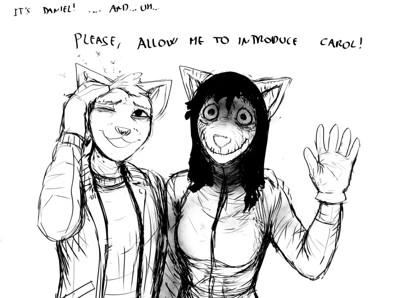 2023 anthro black_and_white canid canine canis carol_(hladilnik) clothing comic costume daniel_(hladilnik) dialogue domestic_dog duo english_text female gesture ghost gloves halloween handwear headache hi_res hladilnik holidays male mammal monochrome raised_arm spirit text waving wolf