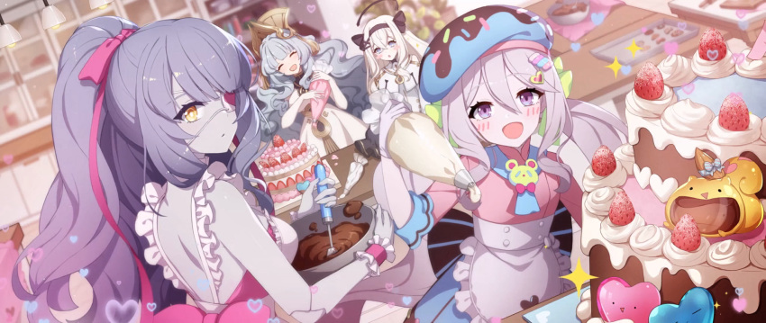 4girls :d android apron artist_request backless_dress backless_outfit bare_back bare_shoulders beret blue_eyes blue_hair blue_skirt blush bow cake chocolate closed_eyes closed_mouth clothing_cutout cream doll_joints dress elbow_gloves eversoul eyepatch food frilled_apron frills fruit game_cg gloves hair_between_eyes hair_bow hair_ornament hairband hairclip hat headdress heart high_ponytail highres holding holding_spoon icing indoors jacqueline_(eversoul) joints kitchen long_hair looking_at_another looking_at_viewer mephistopheles_(eversoul) multiple_girls neck_garter non-web_source official_alternate_costume official_alternate_hairstyle official_art one_eye_covered open_mouth pale_skin pink_dress pink_shirt purple_eyes rebecca_(eversoul) ribbon shirt short_sleeves shoulder_cutout skirt smile sparkle spoon strawberry table third-party_source valentine waist_apron white_apron white_dress white_gloves white_hair yellow_eyes yuria_(eversoul)