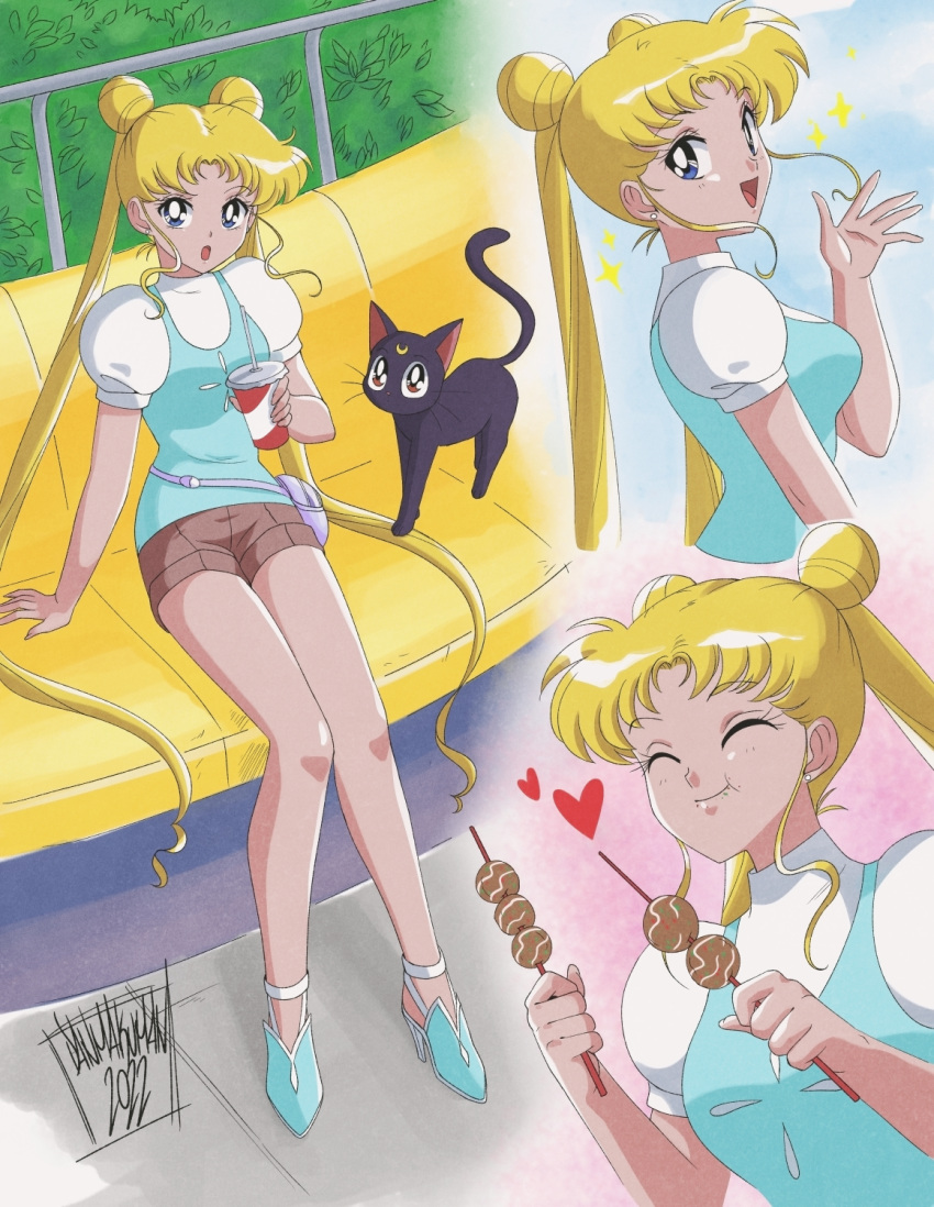 bangs bishoujo_senshi_sailor_moon blonde_hair blue_eyes blue_footwear blue_vest cat crescent crescent_facial_mark cup danmakuman disposable_cup double_bun eating facial_mark hair_bun high_heels highres long_hair luna_(sailor_moon) parted_bangs shirt shorts sitting smile tsukino_usagi twintails very_long_hair vest white_shirt