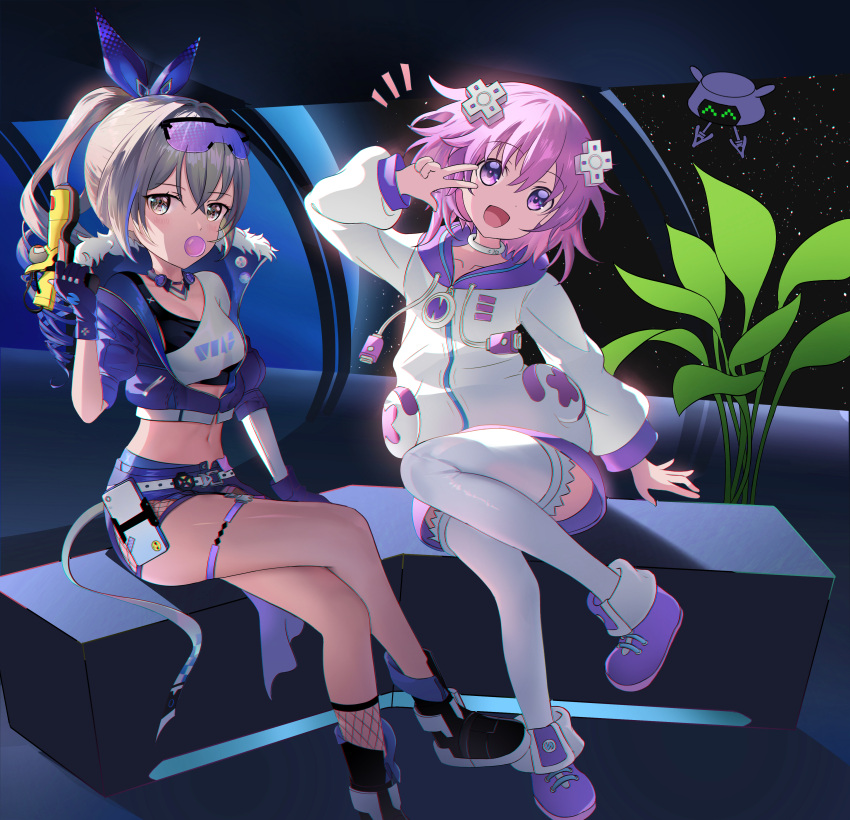 2girls absurdres areluna bare_legs black_footwear boots bubble_blowing choker commentary crop_top cropped_jacket crossed_legs crossover d-pad d-pad_hair_ornament eyewear_on_head fingerless_gloves gloves grey_eyes grey_hair hair_ornament hand_up head_tilt highres honkai:_star_rail honkai_(series) indoors jacket long_sleeves looking_at_viewer melissa_fahn midriff multiple_girls navel neptune_(neptune_series) neptune_(series) ponytail purple_eyes purple_footwear purple_gloves purple_hair purple_jacket purple_shorts revision shirt short_hair short_shorts short_sleeves shorts silver_wolf_(honkai:_star_rail) single-shoulder_shirt sitting stomach thigh_strap thighhighs thighs voice_actor_connection w white_choker white_jacket white_shirt white_thighhighs