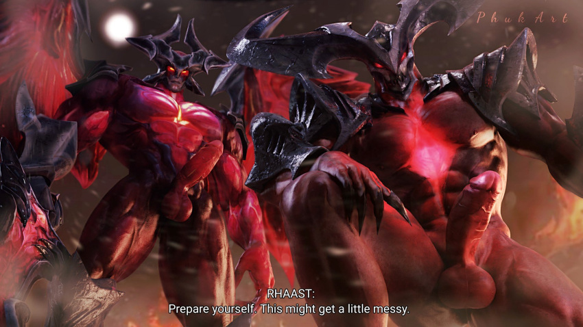 3d_(artwork) aatrox_(lol) abs balls big_balls big_muscles big_penis black_body darkin demon demon_humanoid dialogue digital_media_(artwork) duo english_text erection genitals hi_res horn horned_humanoid humanoid imminent_sex league_of_legends looking_at_viewer male male/male multicolored_body muscular muscular_humanoid muscular_male nipples nude pecs penis phukart red_body red_eyes rhaast_(lol) riot_games signature talking_to_viewer text wings