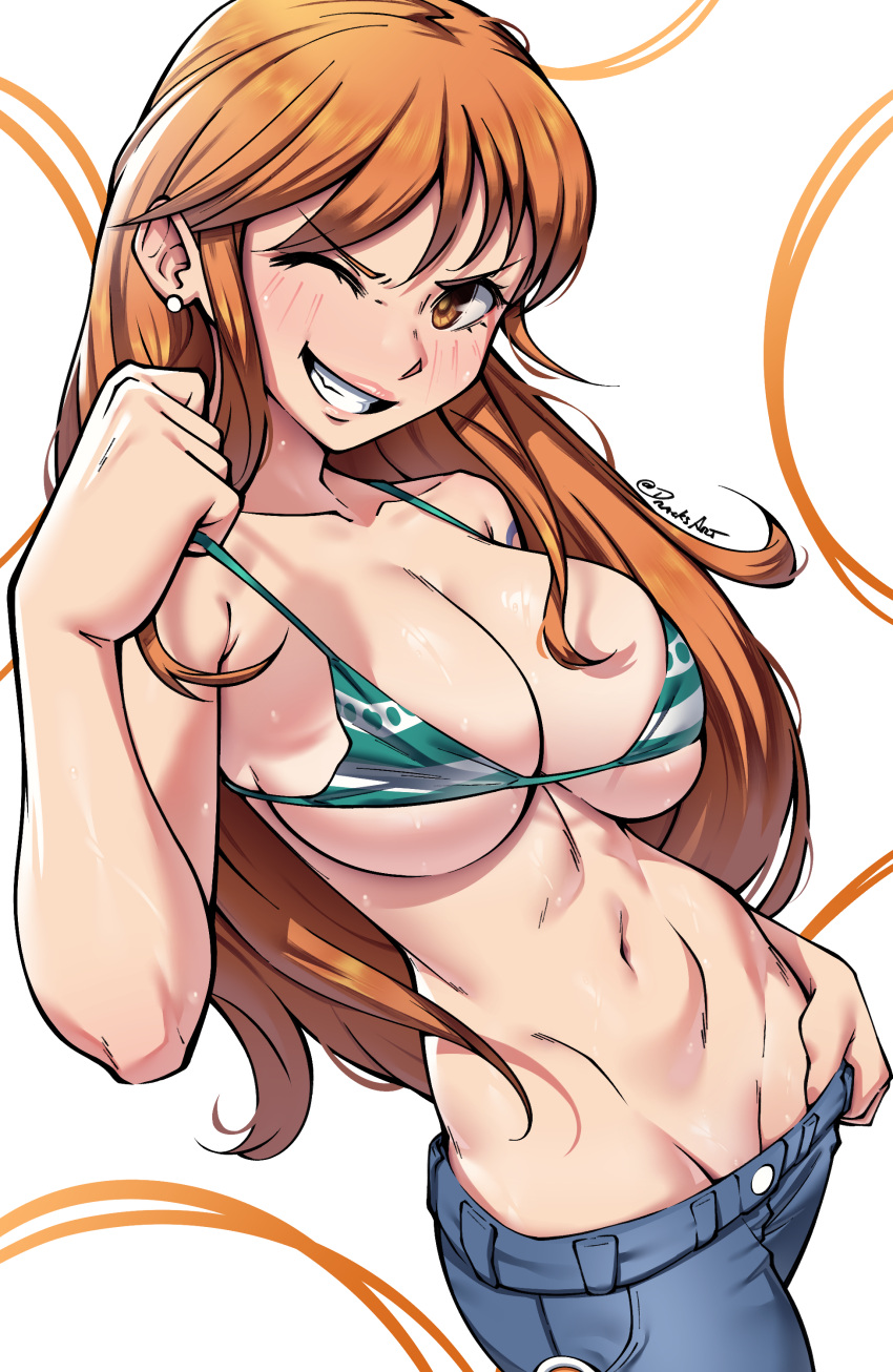1girl absurdres bikini bikini_top_only blush breasts cleavage collarbone cowboy_shot denim dracksart earrings from_above grin highres jeans jewelry large_breasts long_hair looking_at_viewer lowleg lowleg_pants nami_(one_piece) navel one_eye_closed one_piece orange_eyes orange_hair pants simple_background smile solo strap_pull striped striped_bikini sweat swimsuit underboob undressing white_background