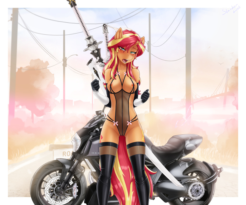 absurd_res anthro armwear blush breasts clothed clothing cutie_mark elbow_gloves equestria_girls equid equine exhibitionism female genitals gloves handwear hasbro hi_res horn latex latex_stockings legwear lidded_eyes lingerie looking_at_viewer mammal melee_weapon motorcycle my_little_pony navel nipples nude open_mouth outside partially_clothed pubes pussy slackerburst solo stockings sunset_shimmer_(eg) sword teddy_(clothing) thigh_gap thigh_highs translucent translucent_clothing vehicle weapon