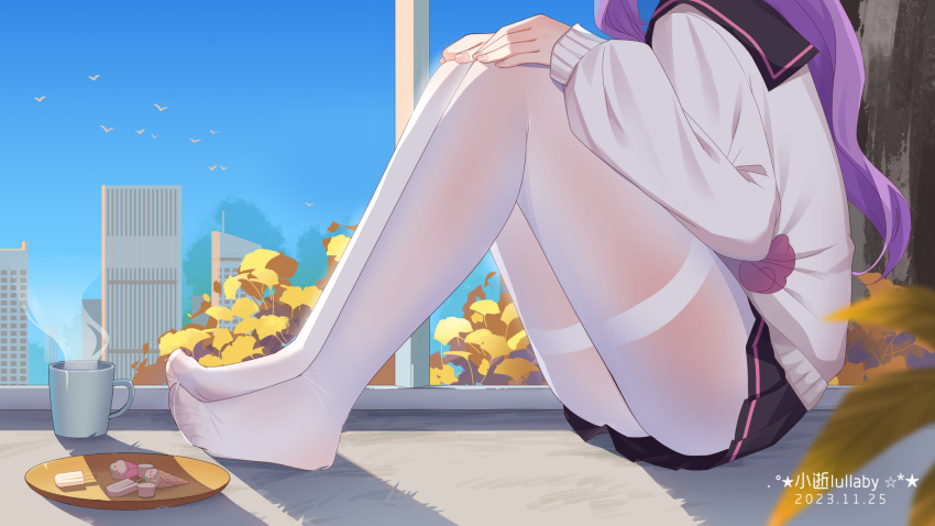 1girl apartment artist_name ass azur_lane black_sailor_collar black_skirt building cardigan carpet chinese_commentary cityscape coffee_mug commentary_request cup dated feet food head_out_of_frame highres indoors knees_up long_hair long_sleeves mug official_alternate_costume pantyhose plate pleated_skirt purple_hair sailor_collar sitting skirt skyscraper solo sweets thighband_pantyhose thighs toes unicorn_(azur_lane) unicorn_(long-awaited_date)_(azur_lane) white_cardigan white_pantyhose xiao_shi_lullaby