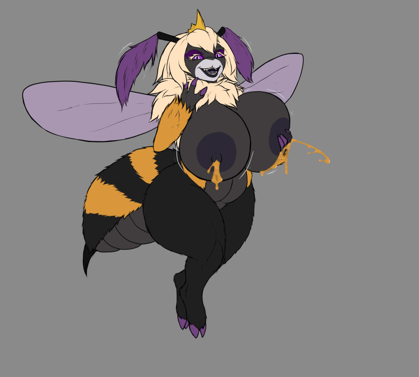 2023 3_fingers anthro areola arthropod bee big_breasts biped blonde_hair bodily_fluids breasts colored_nails female fingers grey_background hair hi_res hooves huge_breasts hymenopteran insect karnator lactating lactating_honey nails nipples nude open_mouth open_smile purple_eyes purple_hooves purple_nails ruff short_stack simple_background smile solo unusual_bodily_fluids unusual_lactation