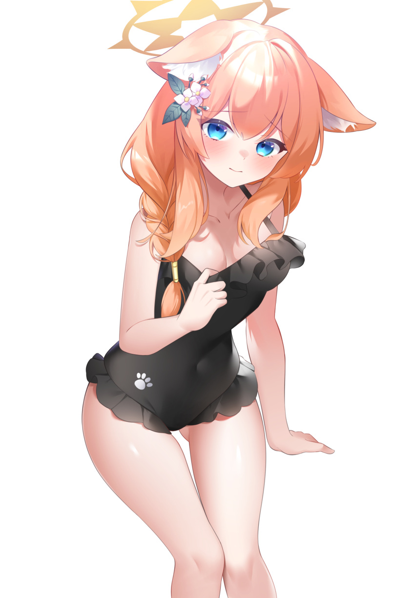 1girl absurdres animal_ears aoitsuki black_one-piece_swimsuit blue_archive blue_eyes blush braid breasts cat_ears clothes_pull commentary_request covered_navel flower frilled_one-piece_swimsuit frills hair_flower hair_ornament hair_over_shoulder hair_tie halo highres long_hair looking_at_viewer mari_(blue_archive) medium_breasts one-piece_swimsuit one-piece_swimsuit_pull orange_hair partial_commentary paw_print pulled_by_self simple_background single_braid solo swimsuit thigh_gap white_background