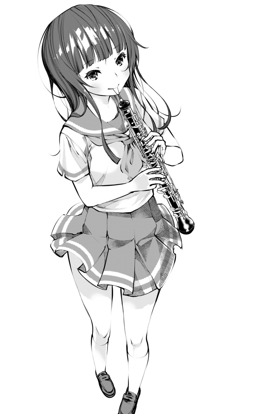 1girl blunt_bangs from_above fukushima_masayasu full_body greyscale hibike!_euphonium highres instrument looking_at_viewer monochrome music neckerchief oboe playing_instrument pleated_skirt sailor_collar sailor_shirt school_uniform serafuku shirt skirt solo standing yoroizuka_mizore