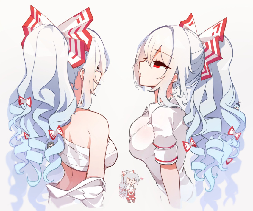 1girl bow breasts chest_sarashi commentary drill_hair fujiwara_no_mokou grey_hair hair_bow highres kaliningradg long_hair multiple_views ponytail red_eyes sarashi short_sleeves simple_background solo symbol-only_commentary touhou upper_body very_long_hair white_background white_bow