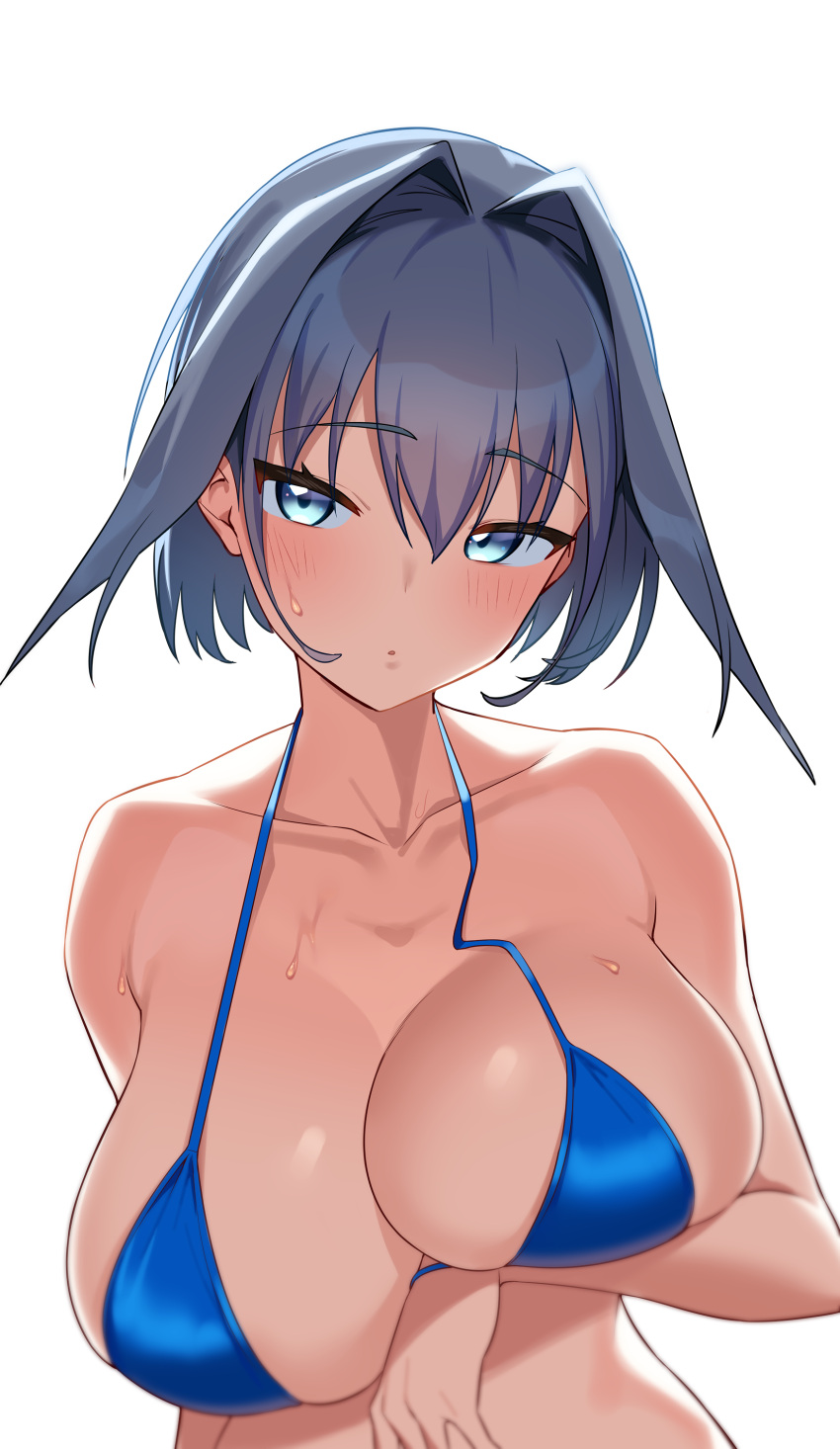 1girl :o absurdres arm_under_breasts bikini blue_hair blush breast_lift breasts gom_(kooskoo) hair_between_eyes hair_intakes head_tilt highres hololive hololive_english large_breasts looking_at_viewer ouro_kronii short_hair solo standing sweat swimsuit transparent_background upper_body virtual_youtuber