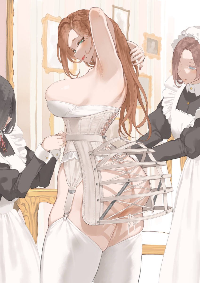 3girls adjusting_another's_clothes apron armpits arms_up ass black_dress blush breasts corset crinoline dress dressing_another fingernails garter_belt highres huge_breasts indoors juliet_sleeves long_sleeves looking_at_viewer maid mole mole_under_mouth multiple_girls nail_polish orange_hair original puffy_sleeves smile solo_focus thighhighs throtem white_apron white_corset white_garter_belt white_thighhighs