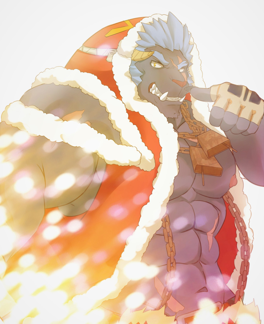 1boy abs bara bare_arms bare_pectorals bozi_(17030417) bulge chain curled_horns fingerless_gloves furry furry_male gloves grey_fur grin highres hood hood_up horns krampus_(housamo) large_pectorals long_sideburns looking_to_the_side male_focus mature_male muscular muscular_male navel nipples official_alternate_costume pectorals pointing pointing_at_self santa_costume scar scar_across_eye scar_on_chest scar_on_stomach short_hair sideburns smile snowing solo stomach thick_eyebrows tokyo_afterschool_summoners tusks upper_body