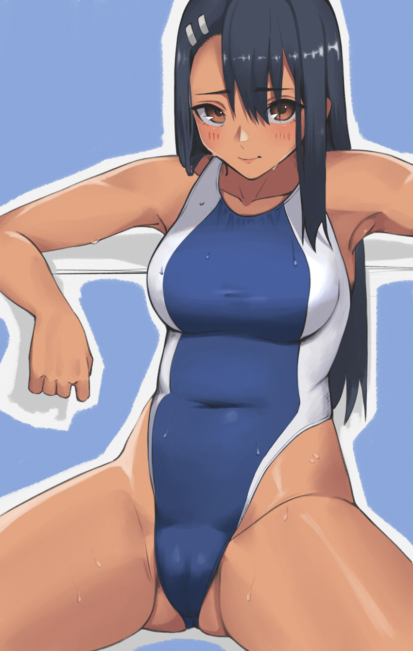 1girl absurdres armpits ass_visible_through_thighs bare_arms black_hair blue_background blue_one-piece_swimsuit blush breasts brown_eyes cameltoe closed_mouth collarbone commentary competition_swimsuit dark-skinned_female dark_skin groin hair_between_eyes hair_ornament hairclip highres ijiranaide_nagatoro-san lips long_hair medium_breasts mori_makoto nagatoro_hayase one-piece_swimsuit powerpuff_girls_z shiny_skin simple_background sitting smile solo straight_hair swimsuit tan thighs upturned_eyes very_long_hair wet