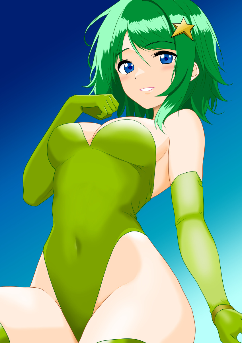 1girl absurdres aged_up blue_eyes blush breasts elbow_gloves final_fantasy final_fantasy_iv gloves green_hair green_leotard green_thighhighs groin highleg highleg_leotard highres leotard long_hair looking_at_viewer rydia_(ff4) smile solo thighhighs yuuyuu_(3jjbn)