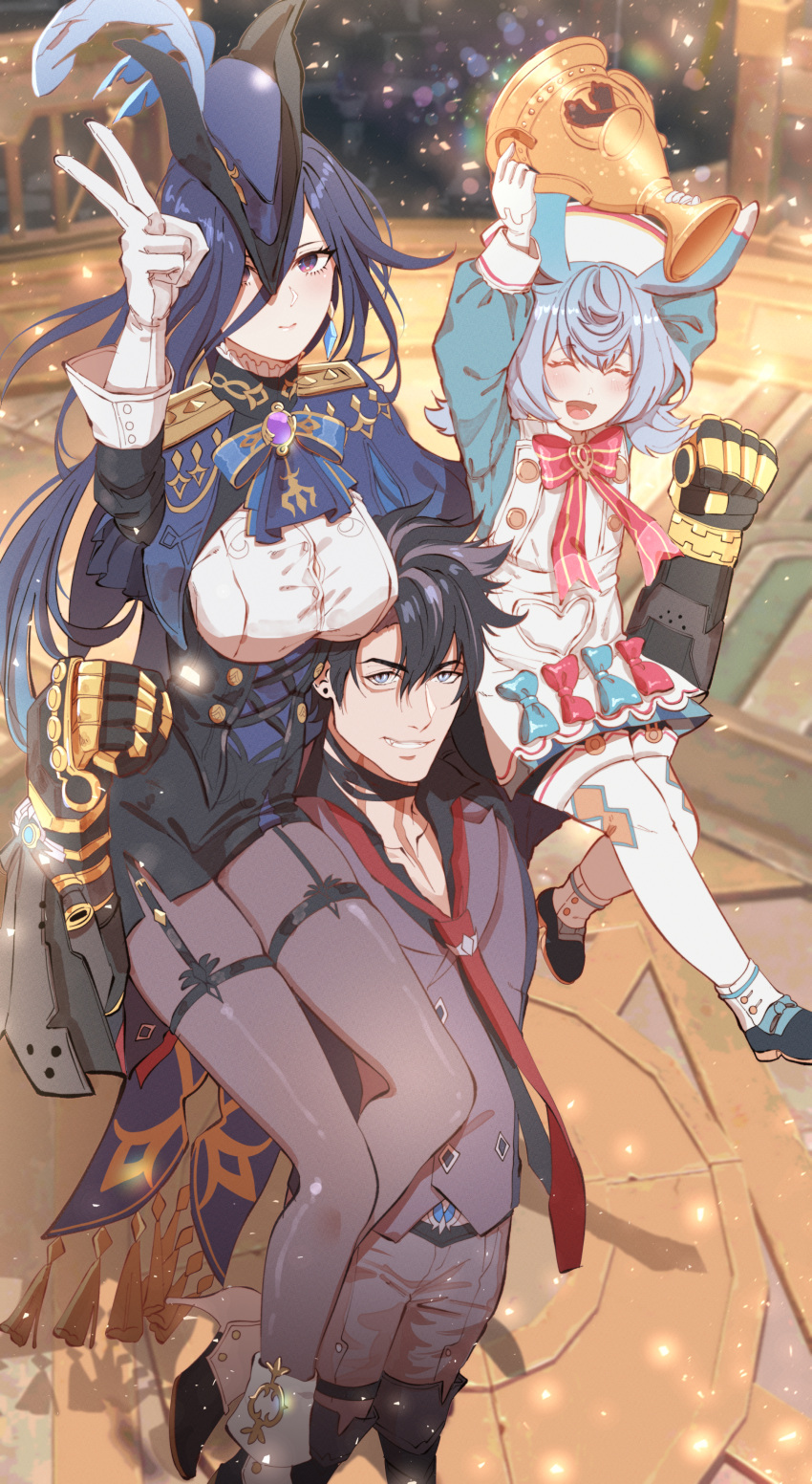1boy 2girls absurdres animal_ears arm_up arms_up black_corset black_hair blue_eyes blue_hair boots breasts buttons child choker clorinde_(genshin_impact) closed_eyes confetti corset dark_blue_hair dress fang garter_straps gauntlets genshin_impact gloves grey_hair grin hair_between_eyes happy hat hat_feather highres holding_trophy long_hair long_sleeves looking_at_viewer multicolored_hair multiple_girls necktie open_mouth pants pantyhose pencil_skirt purple_eyes rchella shirt short_dress sigewinne_(genshin_impact) sitting_on_shoulder skirt slit_pupils smile standing strong tricorne trophy two-tone_hair v very_long_hair vest vision_(genshin_impact) white_gloves wriothesley_(genshin_impact)