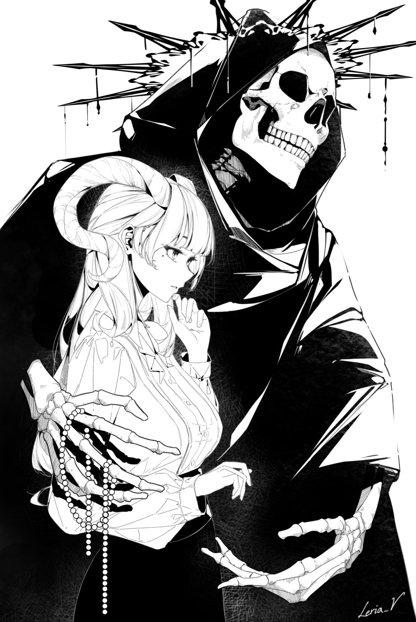 1girl absurdres artist_name bead_necklace beads breasts death_(entity) greyscale highres hood horns jewelry leria_v long_hair long_sleeves medium_breasts mole mole_under_eye monochrome necklace original parted_lips shirt simple_background skeleton skull white_background